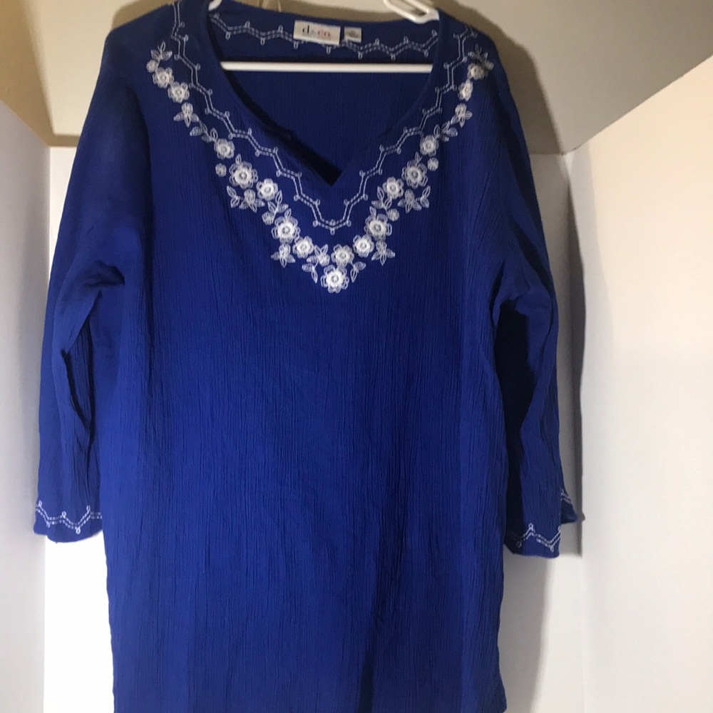 d & co. long sleeve size 3x blue white cotton polyester embroidered top summer